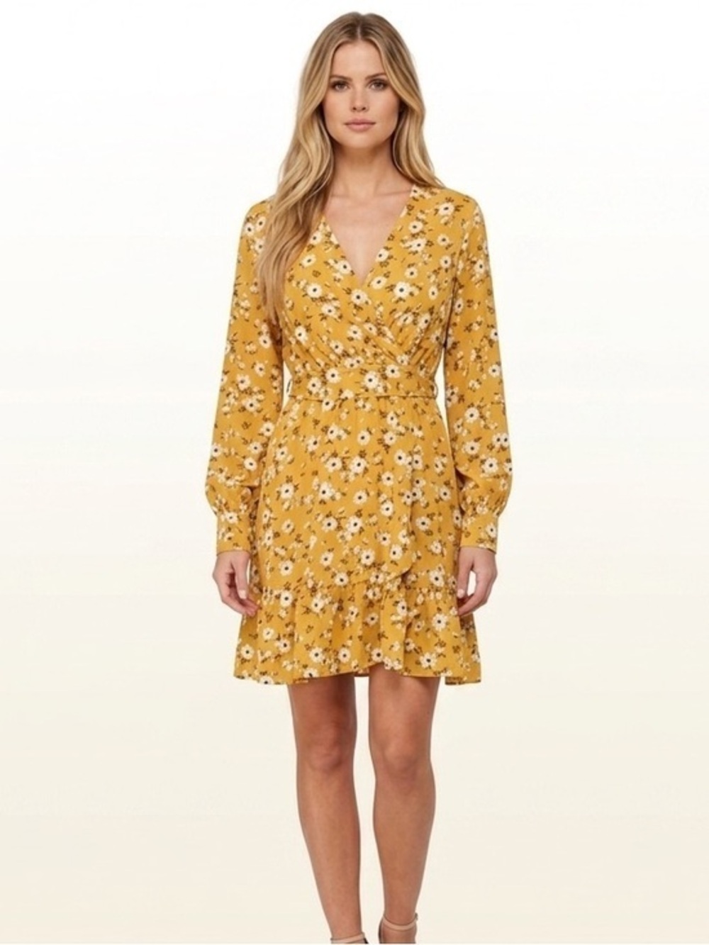 Yellow Floral Print Long Sleeve Dress